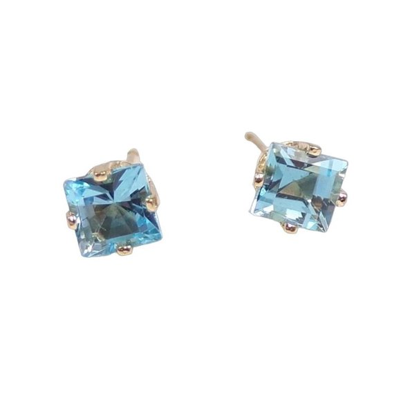 Solid 14K Yellow Gold Blue Topaz Princess Cut Post Stud Earrings